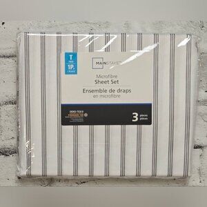 Mainstays Microfiber Grey and White Striped Twin Sheet Set  NWT